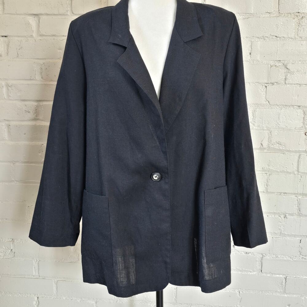 Vintage 90s Black Chic Linen Blend Blazer Jacket 16W┃Whimsigoth Dark Academia
